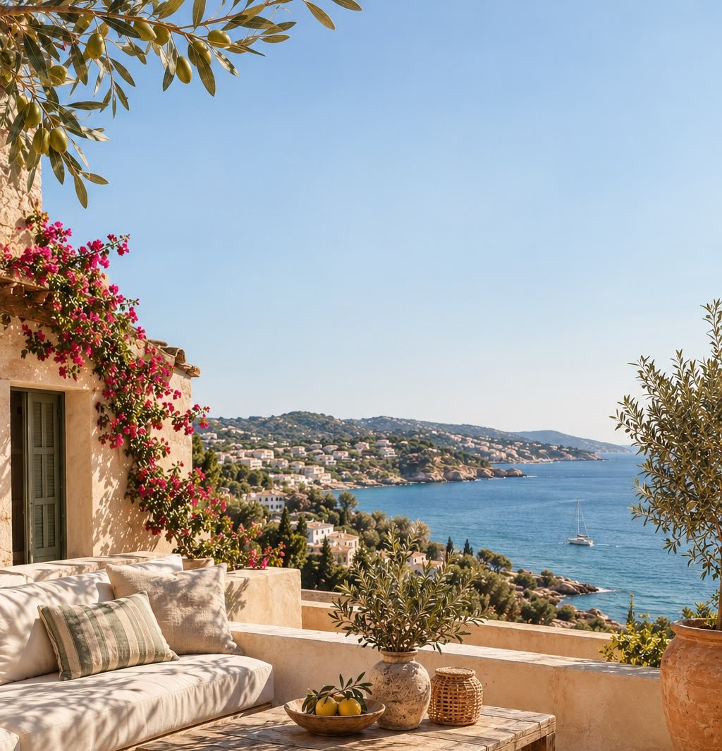 A sunlit terrace with a linen sofa, olive trees and bougainvillea, looking out over a Mediterranean bay with white houses and a sailing boat.